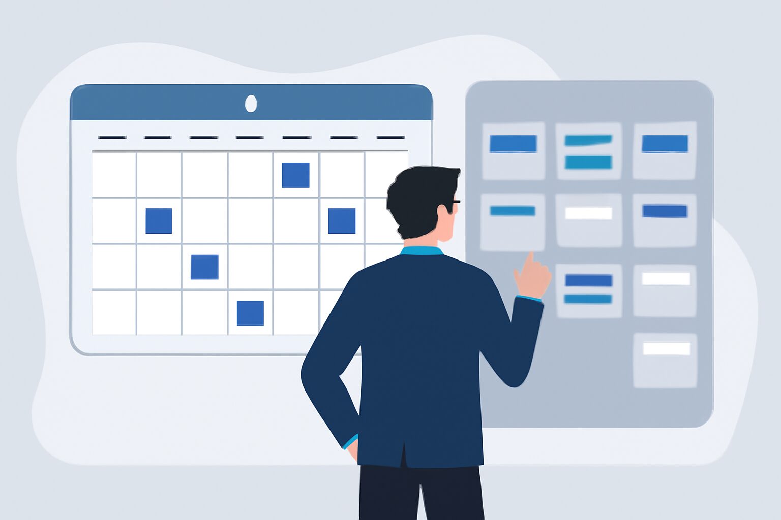 デジタルカレンダーとタスクボードを眺めているビジネスパーソンのフラットイラスト。進行管理・スケジュール管理のイメージ。青