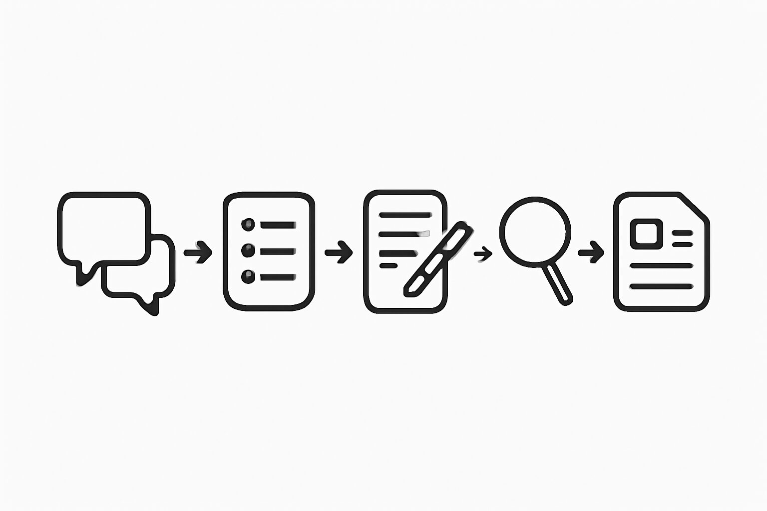 ホワイトペーパー制作の工程（ヒアリング・構成・執筆・レビュー・デザイン）をフローチャートで示した図解イラスト、ミニマルな