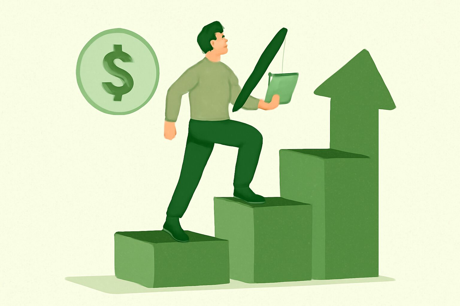 フリーランスライターの収入成長フェーズを表すステップアップのフラットイラスト、3段階の矢印グラフ、グリーン系カラー、テキ
