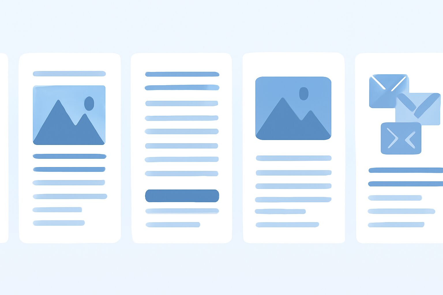 5種類のメールテンプレートが並んでいるイメージのフラットイラスト、ブルー系カラー、テキストなし