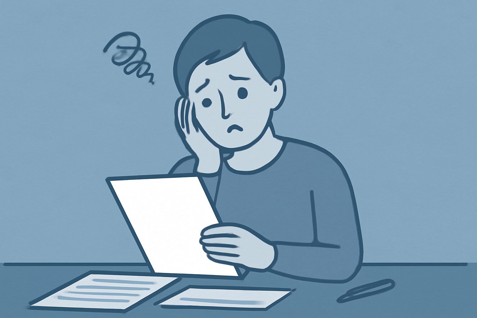 不安そうな表情で書類と向き合う親のフラットイラスト、落ち着いたブルーグレー系カラー、テキストなし