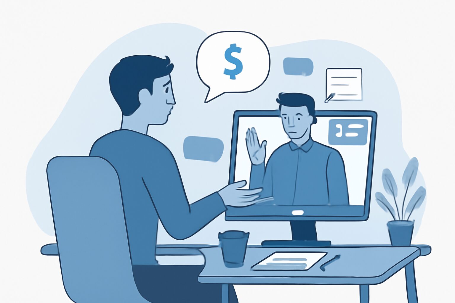 フリーランスがクライアントとオンラインミーティングで条件を話し合っている様子のフラットイラスト、ブルー＆グレー系カラー、