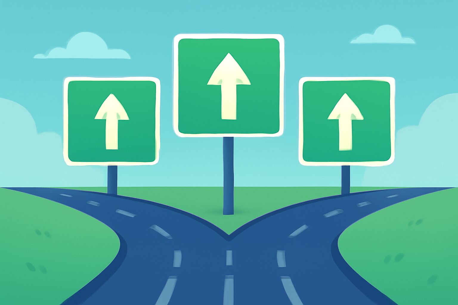 複数の出口サインが描かれた分岐路のフラットイラスト、ブルーとグリーンのカラーパレット、テキストなし
