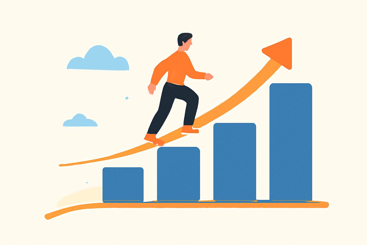 月3万・月10万・月30万円の3段階のステップを示す上り坂型ロードマップイラスト、ブルー×オレンジ系アクセント、フラット
