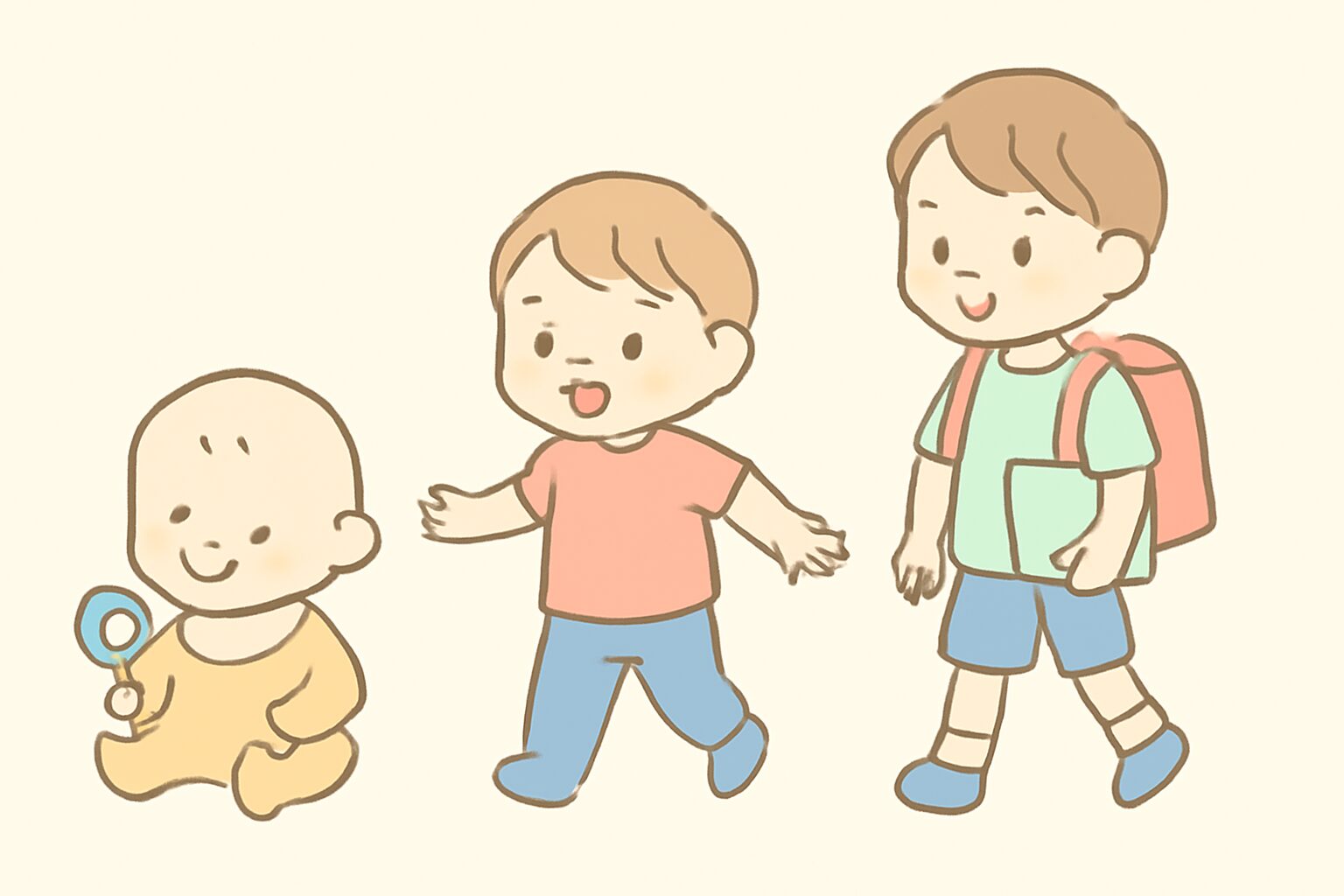 子どもの成長段階（赤ちゃん・幼児・小学生）を横並びで表したフラットイラスト、パステルカラー、テキストなし