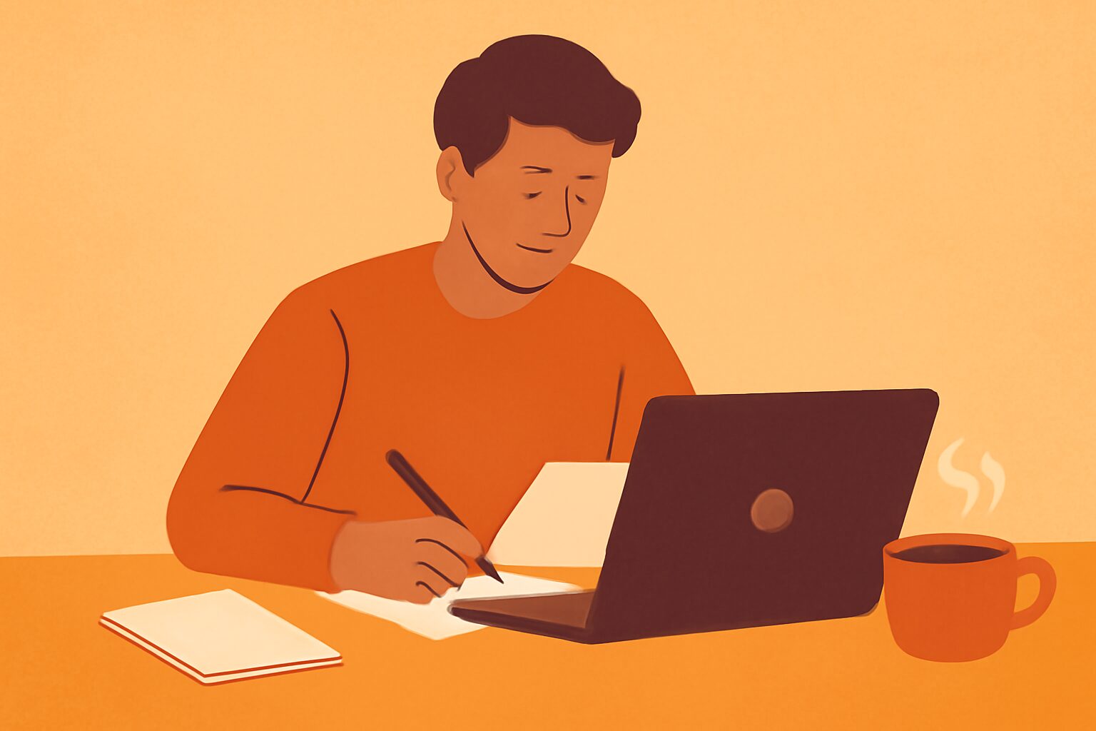 ノートパソコンの前で原稿を執筆しているマーケターのフラットイラスト。デスク上にメモ帳とコーヒーカップが置かれている。暖色