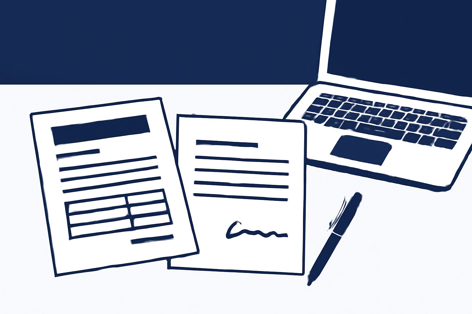 請求書と契約書が並んだデスクのフラットイラスト、ペンとパソコンが置かれたシンプルなビジネスシーン、ネイビー×ホワイトのカ