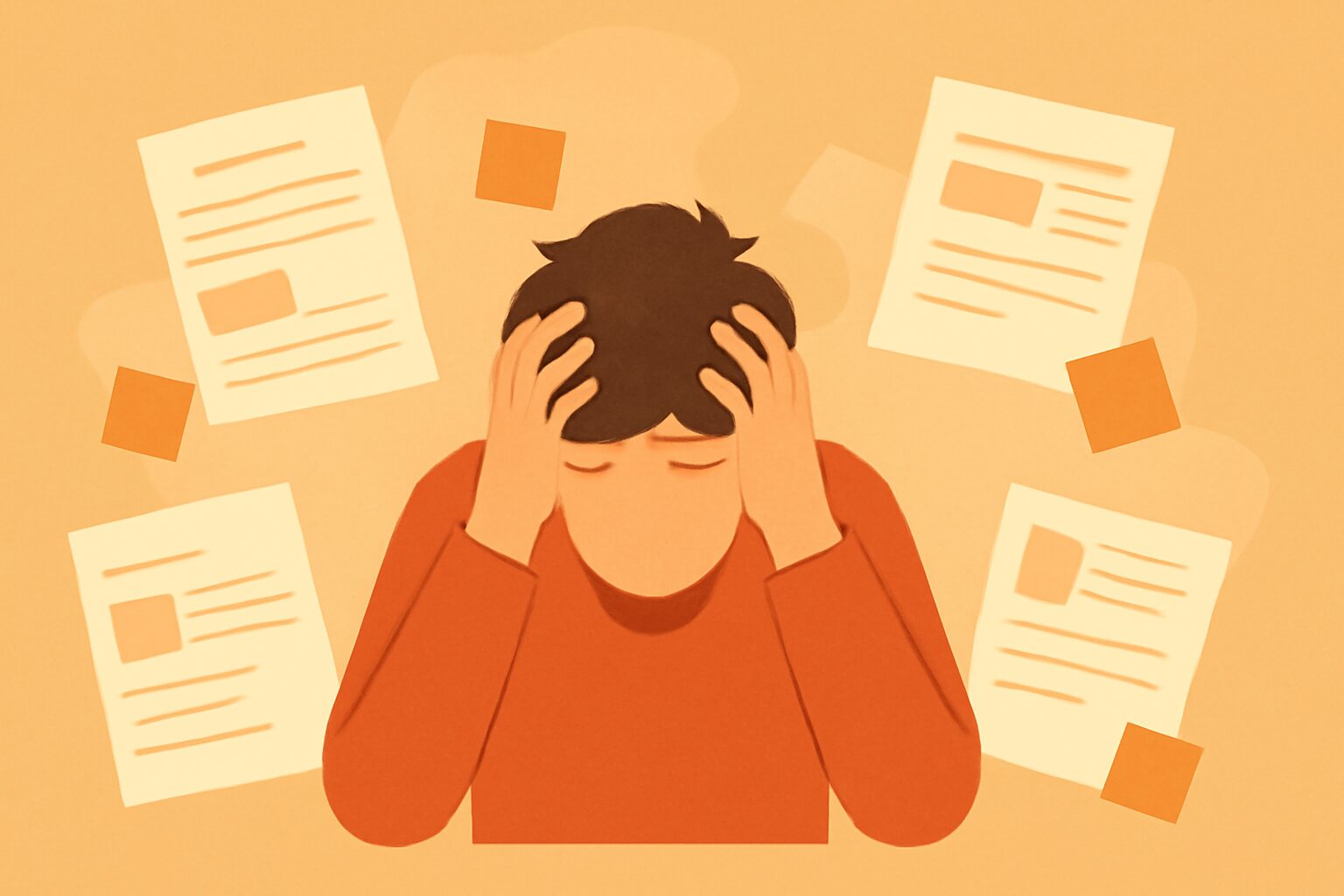 頭を抱えて悩んでいる人物と、その周りに散らばったドキュメントや付箋が描かれたフラットイラスト。トラブル・失敗のイメージ。