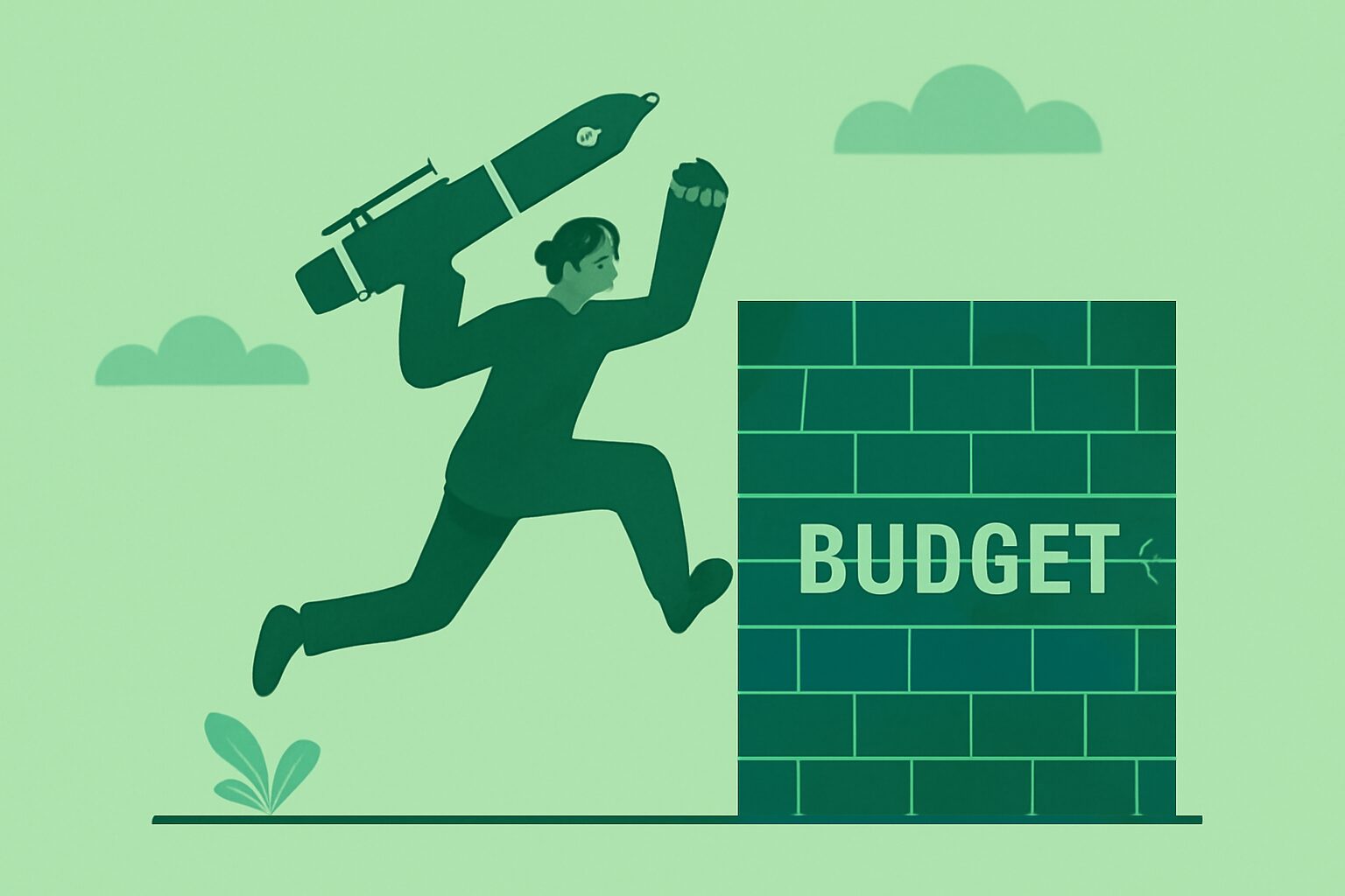 予算の壁を越えようとしているライターのイメージ図解、シンプルなフラットイラスト、グリーン系カラー、テキストなし