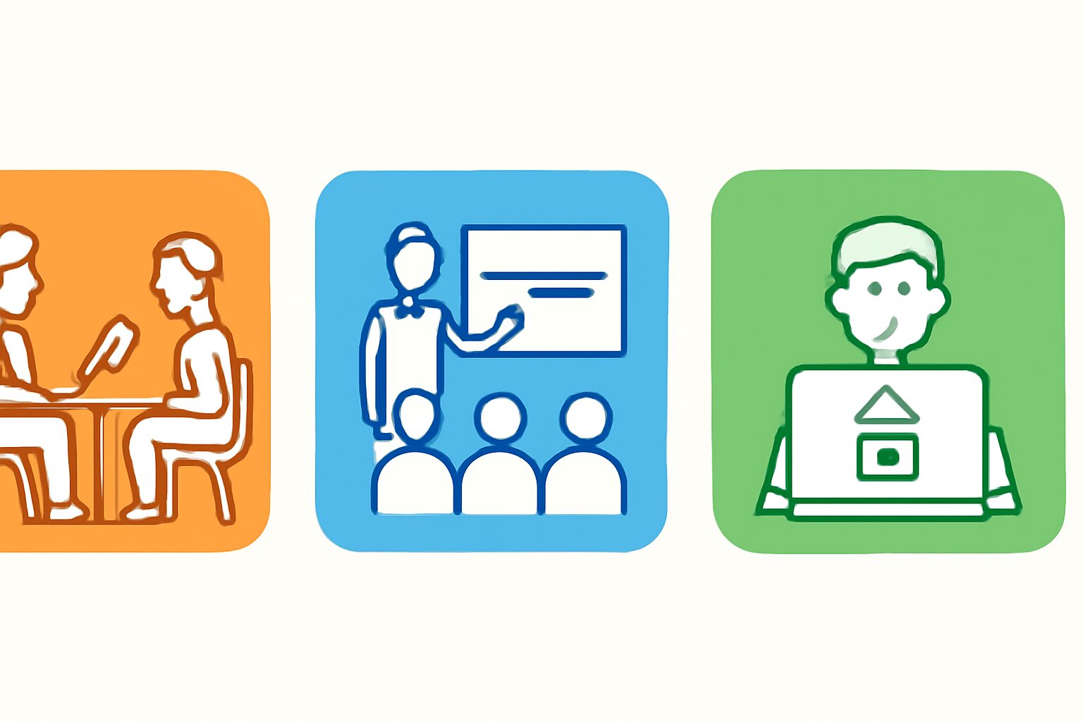 取材インタビュー・セミナーレポート・機密案件の3種類の仕事場面を並べたフラットイラスト、オレンジ・ブルー・グリーンのアイ