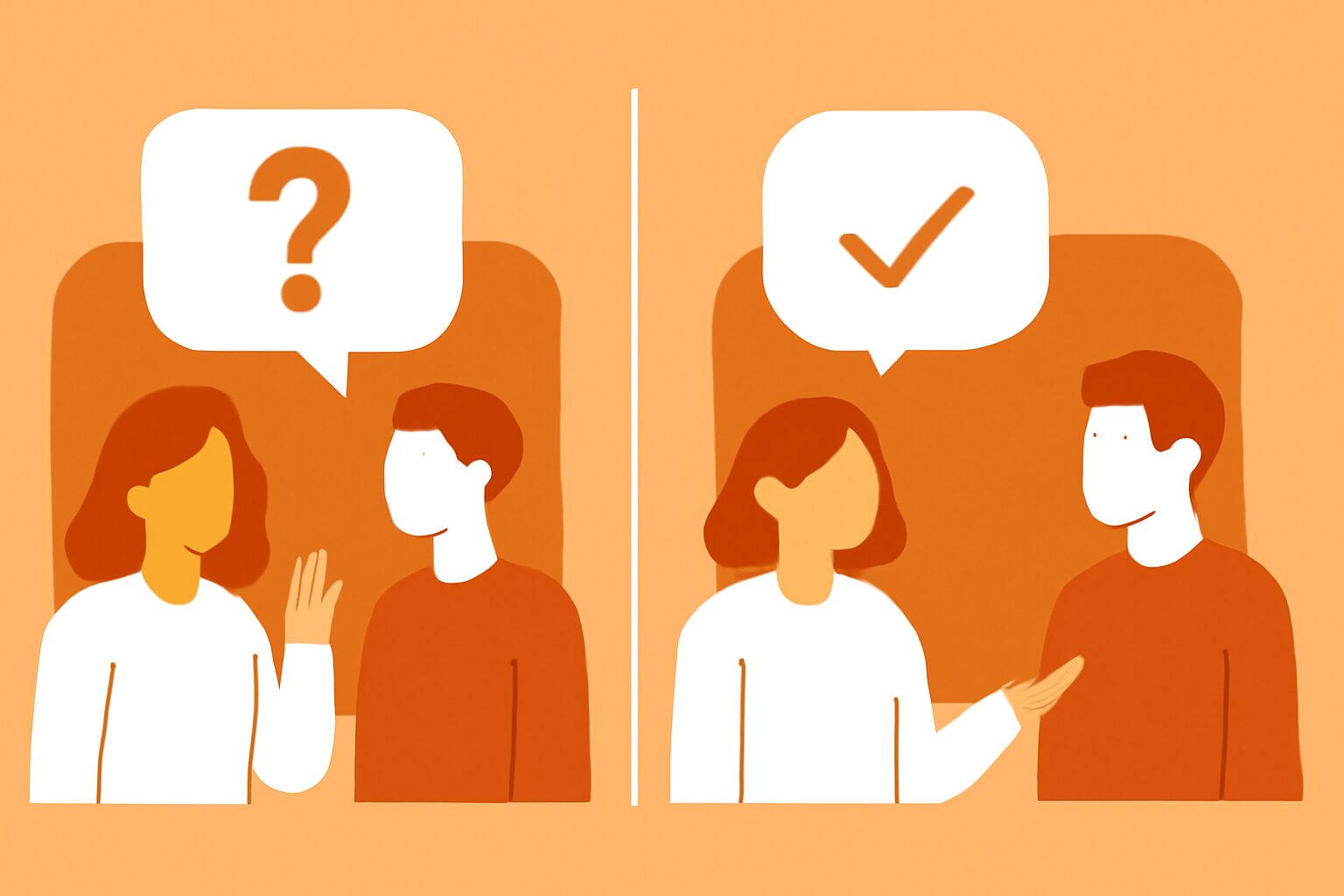 良い質問（オープン）と悪い質問（クローズド・誘導）を対比した図解イラスト、オレンジ×ホワイト系のフラットデザイン、テキス