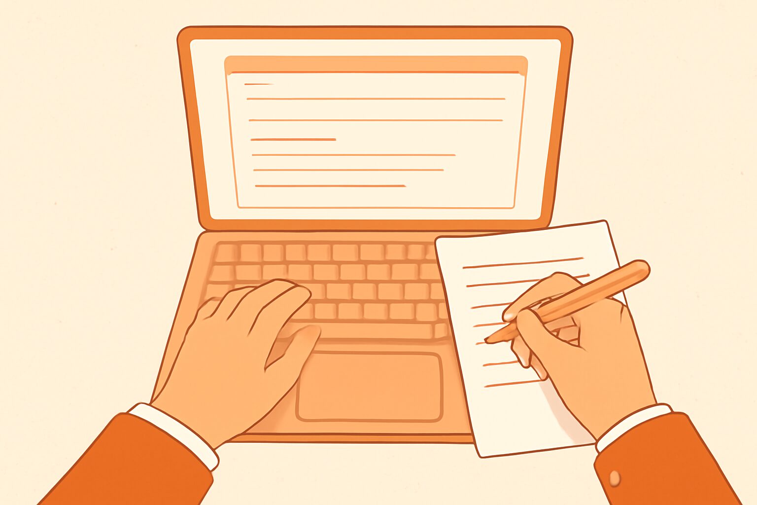 ビジネスメールを作成している手元とノートパソコンのフラットイラスト、オレンジ＆ホワイト系カラー、テキストなし