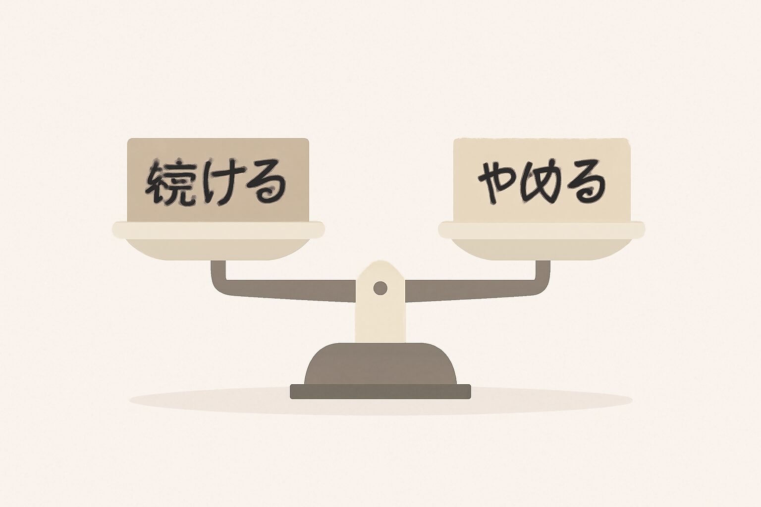 天秤に「続ける」と「やめる」が載っているフラットイラスト、ニュートラルカラーのデザイン、テキストなし