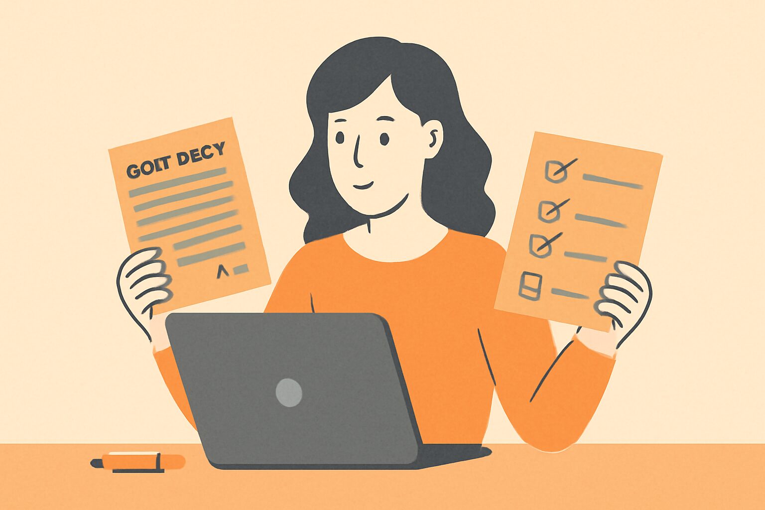 Webライターが契約書とチェックリストを確認しながら作業するフラットイラスト、注意や確認のニュアンスを持つ落ち着いたオレ