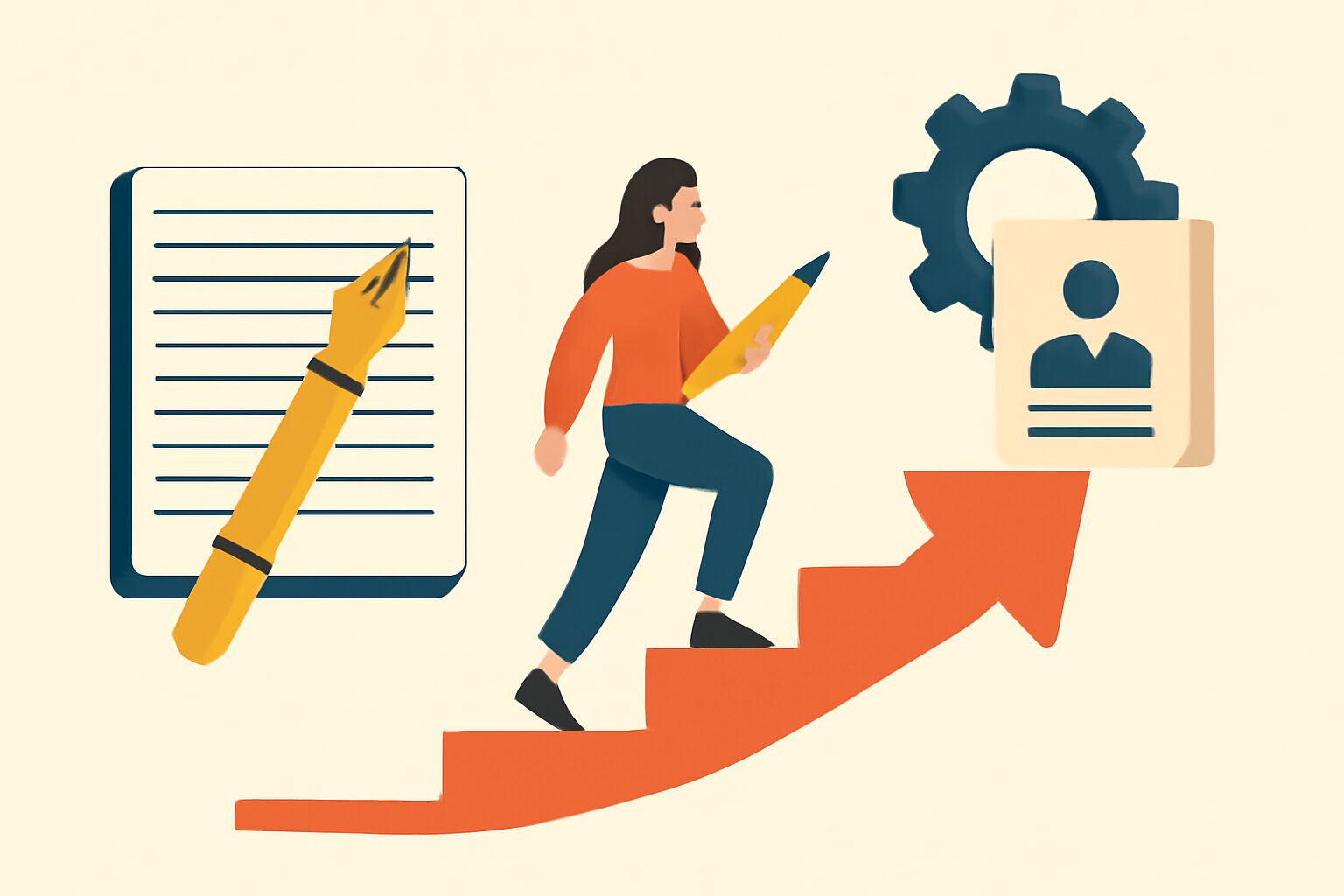 ライターが特定業界の専門知識とライティングスキルを掛け合わせてキャリアアップするイメージのフラットイラスト、ステップ型の