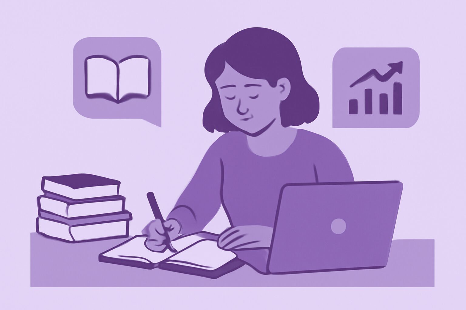 ライターが調査・執筆している様子のフラットイラスト、デスクとパソコン・本・グラフアイコン、パープル系カラー、テキストなし