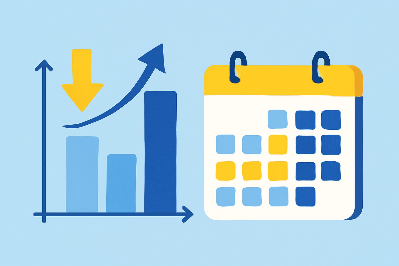 ライターの作業時間削減と収益増加を示す棒グラフとカレンダーのフラットイラスト、ブルー・イエロー系カラー、テキストなし