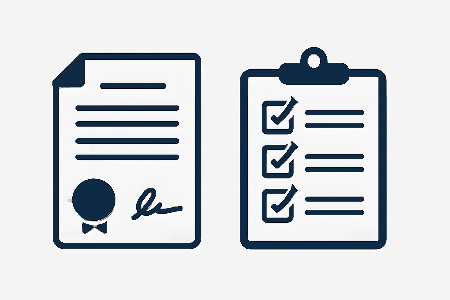 契約書とチェックリストのアイコンが並んだビジネス系フラットイラスト、ネイビー＆ホワイト系カラー、テキストなし