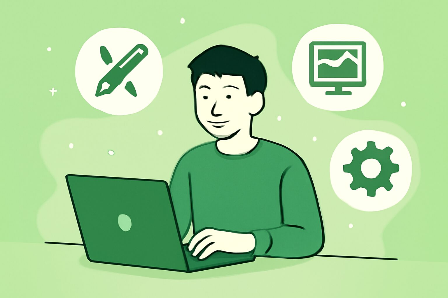 ノートパソコンを操作する人物の周囲に「ライター」「デザイン」「エンジニア」などの仕事アイコンが浮かんでいるフラットイラス