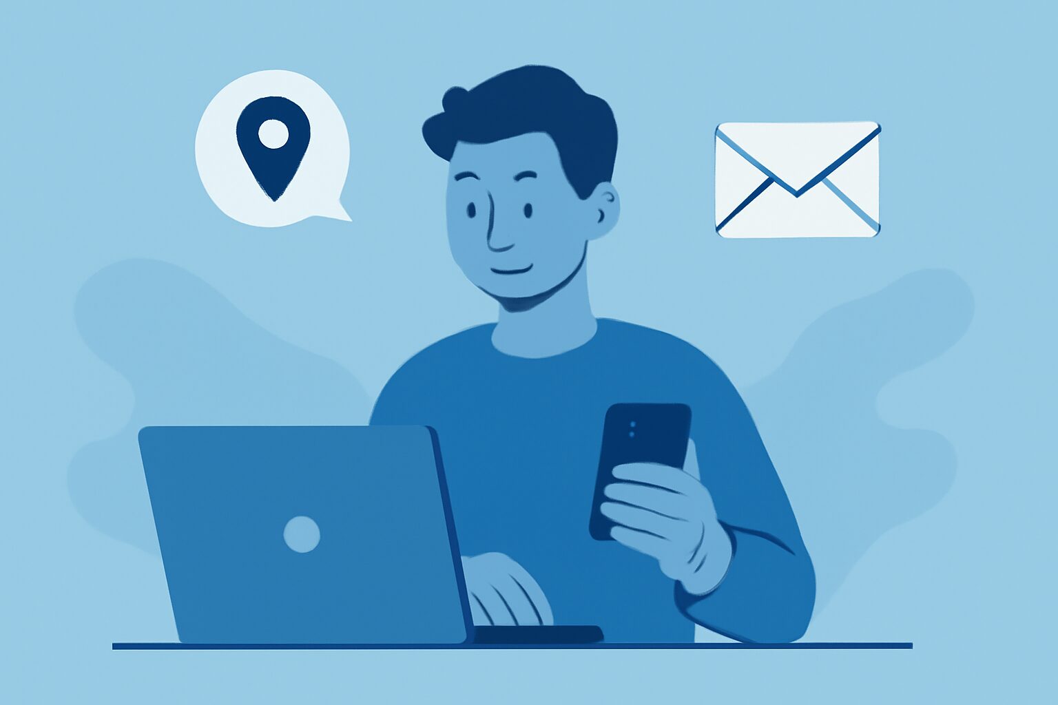 パソコンとスマートフォンを使ってリモートワークをしている人物のフラットイラスト、住所アイコンや郵便物アイコンが周囲に浮か