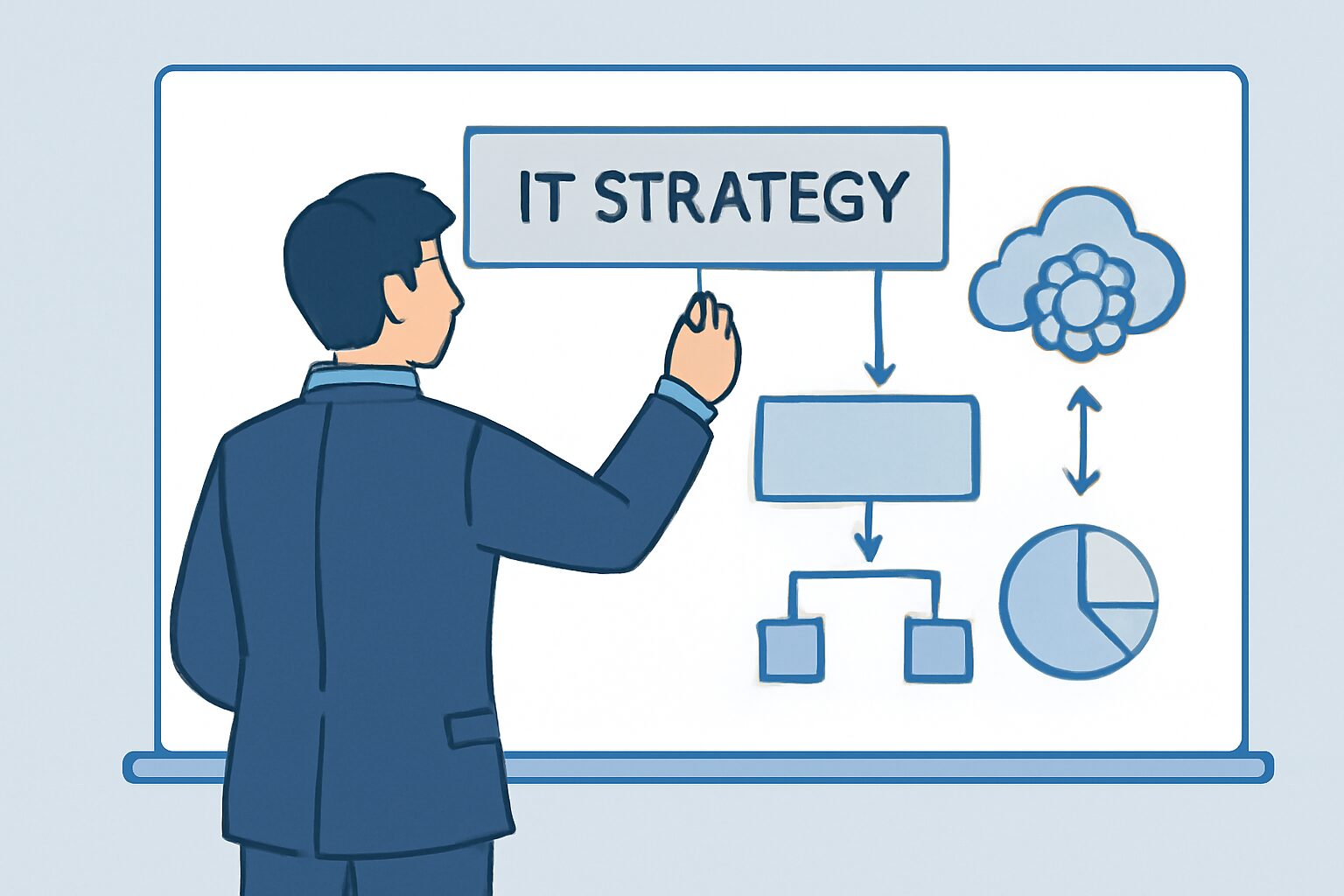 スーツ姿のコンサルタントがホワイトボードにIT戦略の図を描いているシーンのフラットイラスト、ブルー・グレー系カラー、テキ