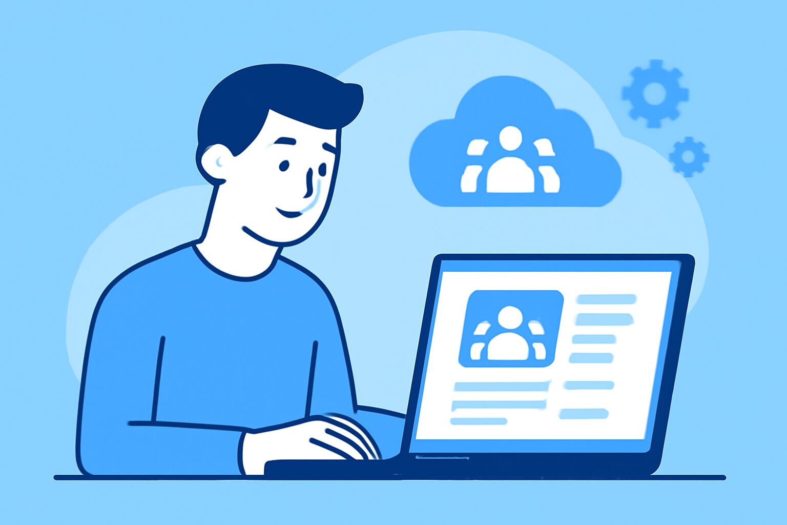 ノートパソコンでクラウドソーシングサイトを閲覧している人物のフラットイラスト、明るい青系カラー、テキストなし