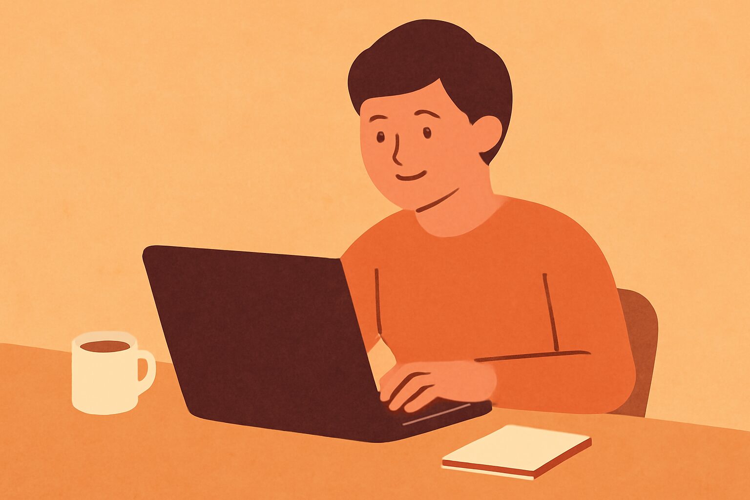 ノートパソコンで文章を書いている人物のフラットイラスト、デスク周りにコーヒーとメモ帳、暖色系カラー、テキストなし