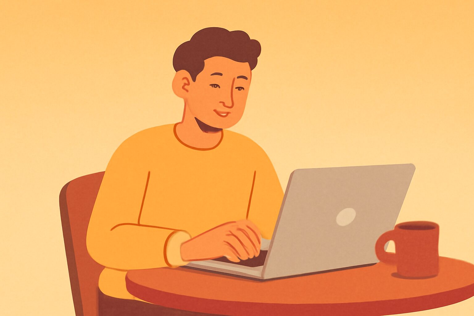 ノートパソコンとコーヒーを前にリラックスして仕事をしている人物のフラットイラスト、暖色系グラデーション背景、テキストなし
