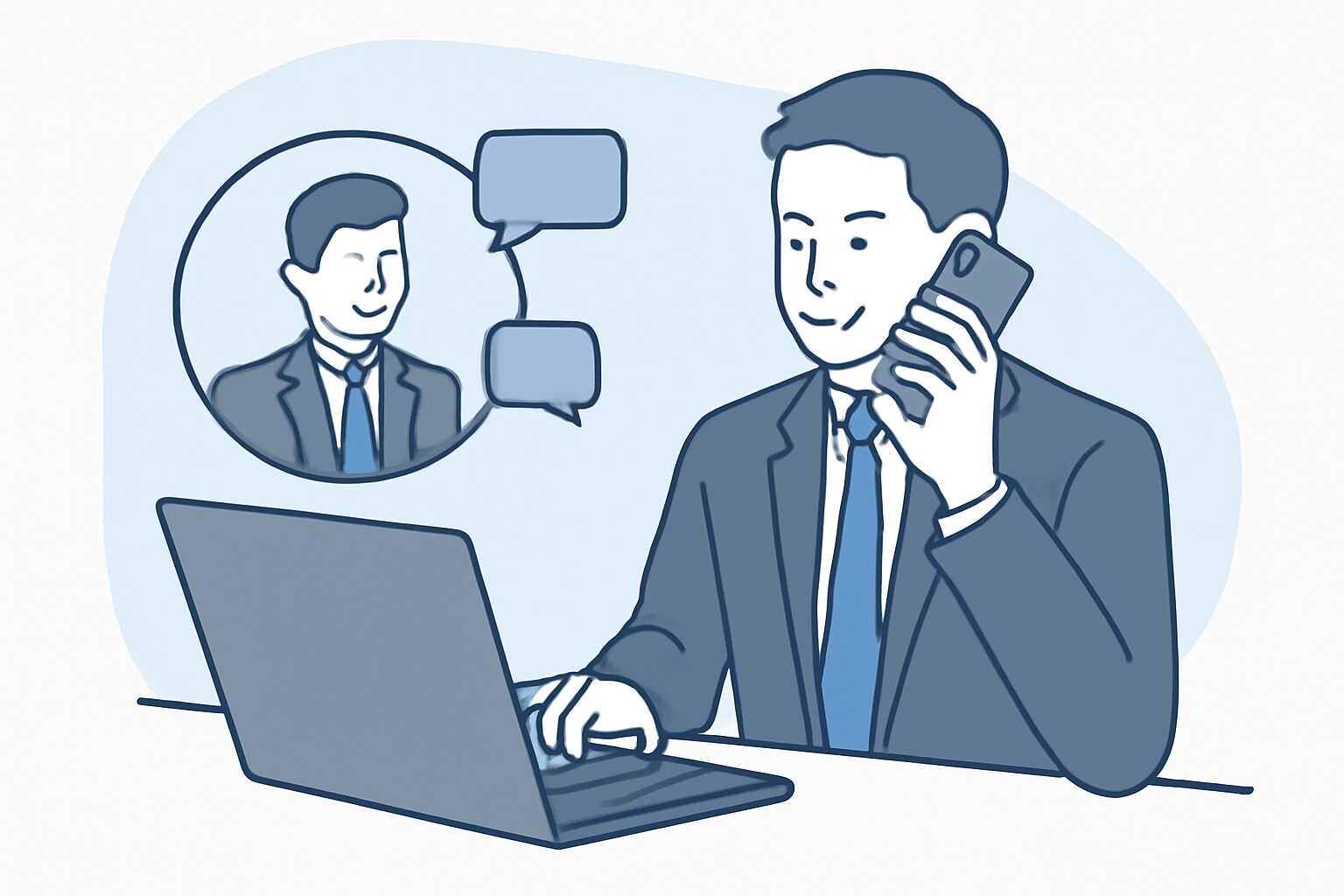 ノートPCとスマートフォンを使いながらオンラインで商談をしているビジネスパーソンのフラットイラスト、青とグレーの配色、テ