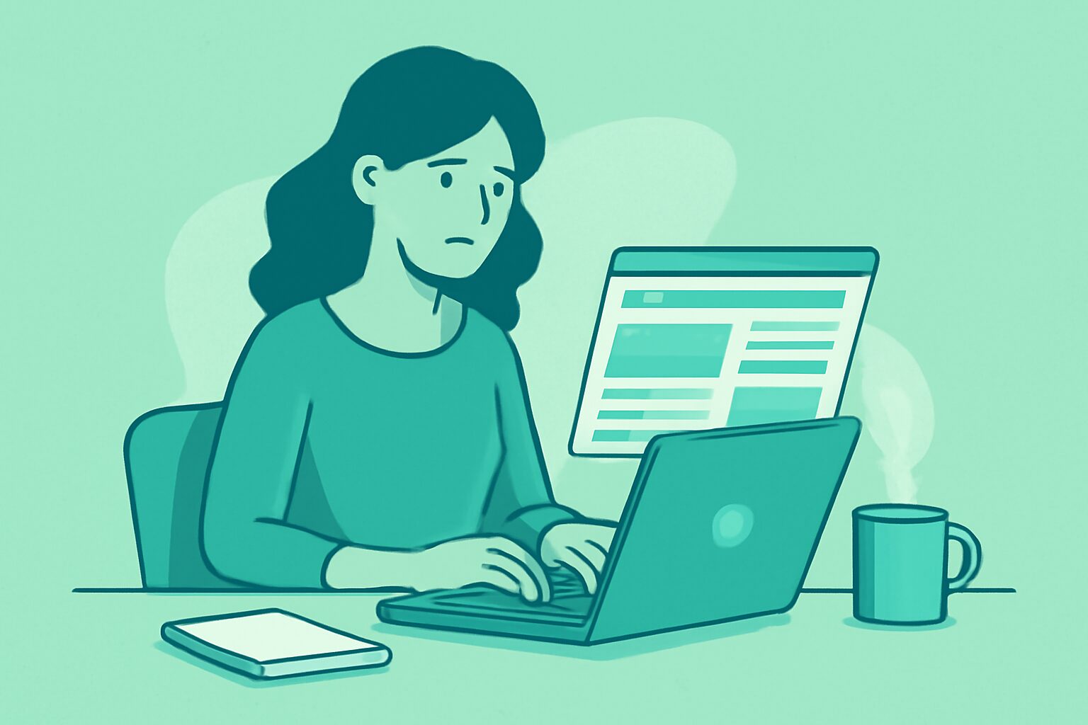 ノートパソコンでWebサイトの記事を執筆しているフリーランスライターのフラットイラスト、デスク周りにメモ帳とコーヒー、青