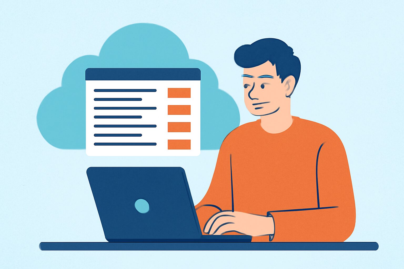 ノートパソコンでクラウドソーシングサイトの案件一覧を閲覧している人物のフラットイラスト、青とオレンジの配色、テキストなし