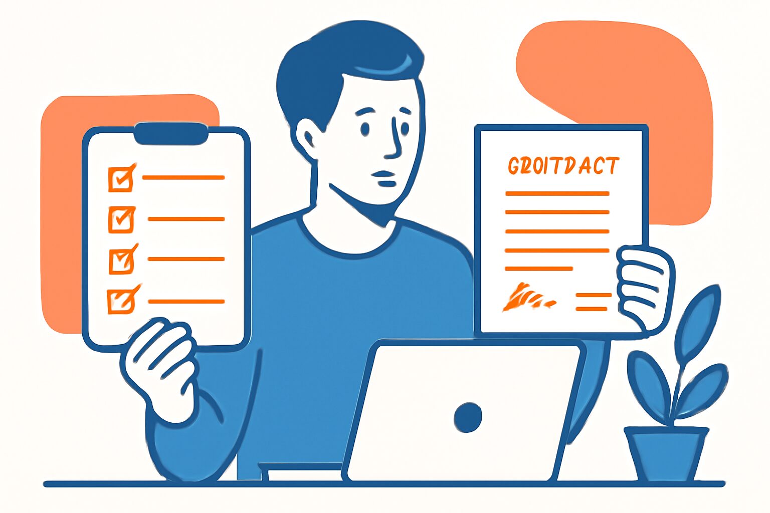ノートパソコンとチェックリストを前に契約書を比較している人物のフラットイラスト、青とオレンジの2色対比、テキストなし