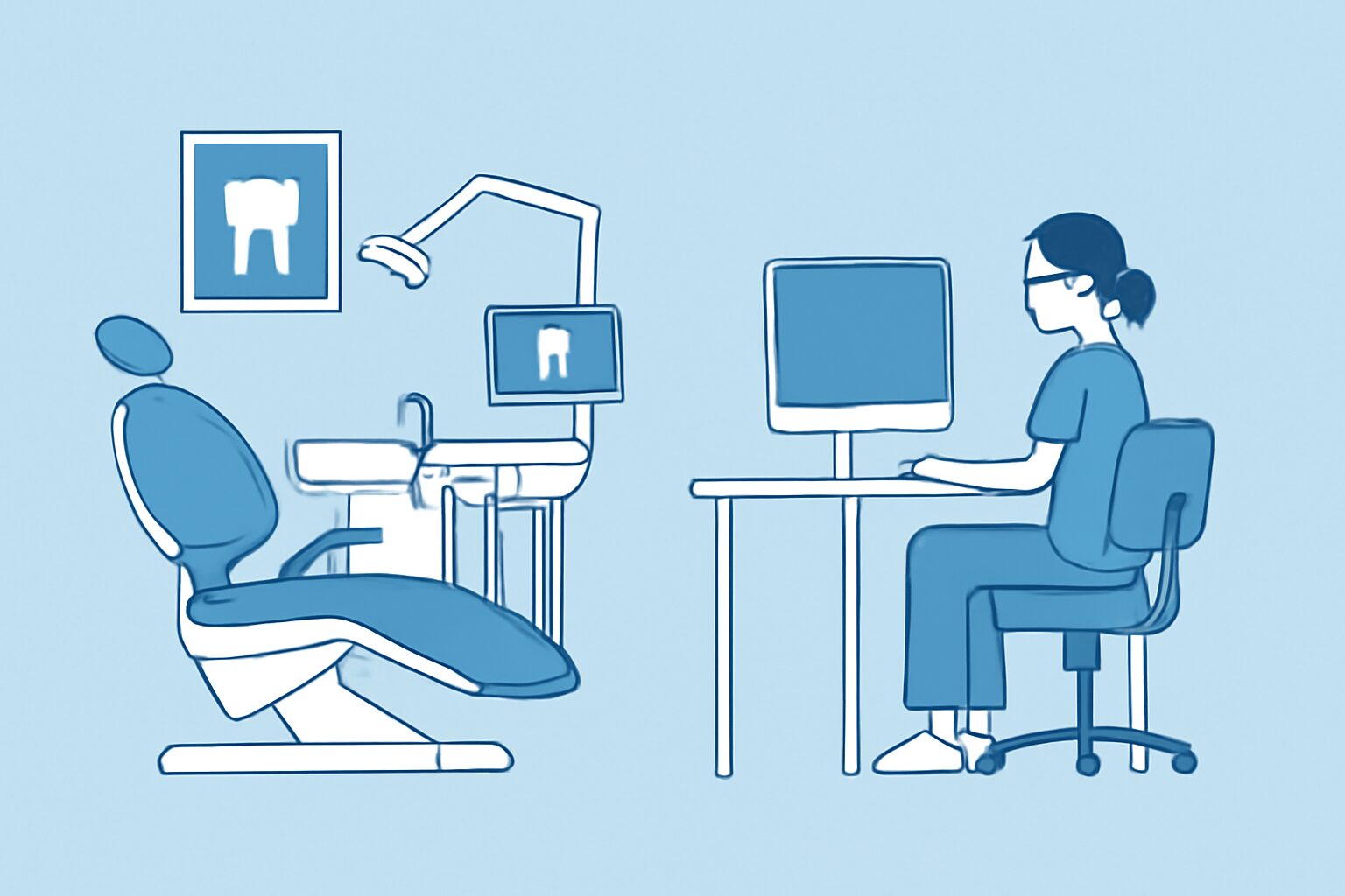 歯科医院の診療チェアとデスクワーク環境が並んだフラットイラスト、歯科衛生士の多様な働き方を表現、青と白基調、テキストなし