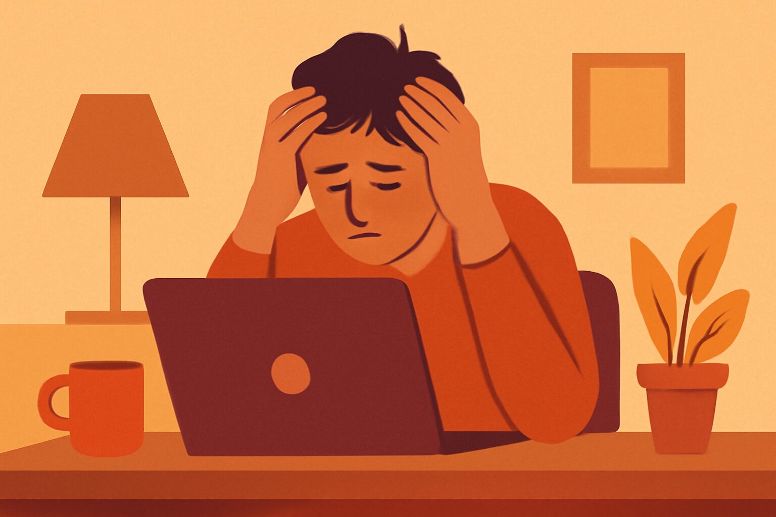 自宅デスクでノートパソコンに向かい疲れた表情で頭を抱えるフリーランスの人物のフラットイラスト、暖色系、テキストなし