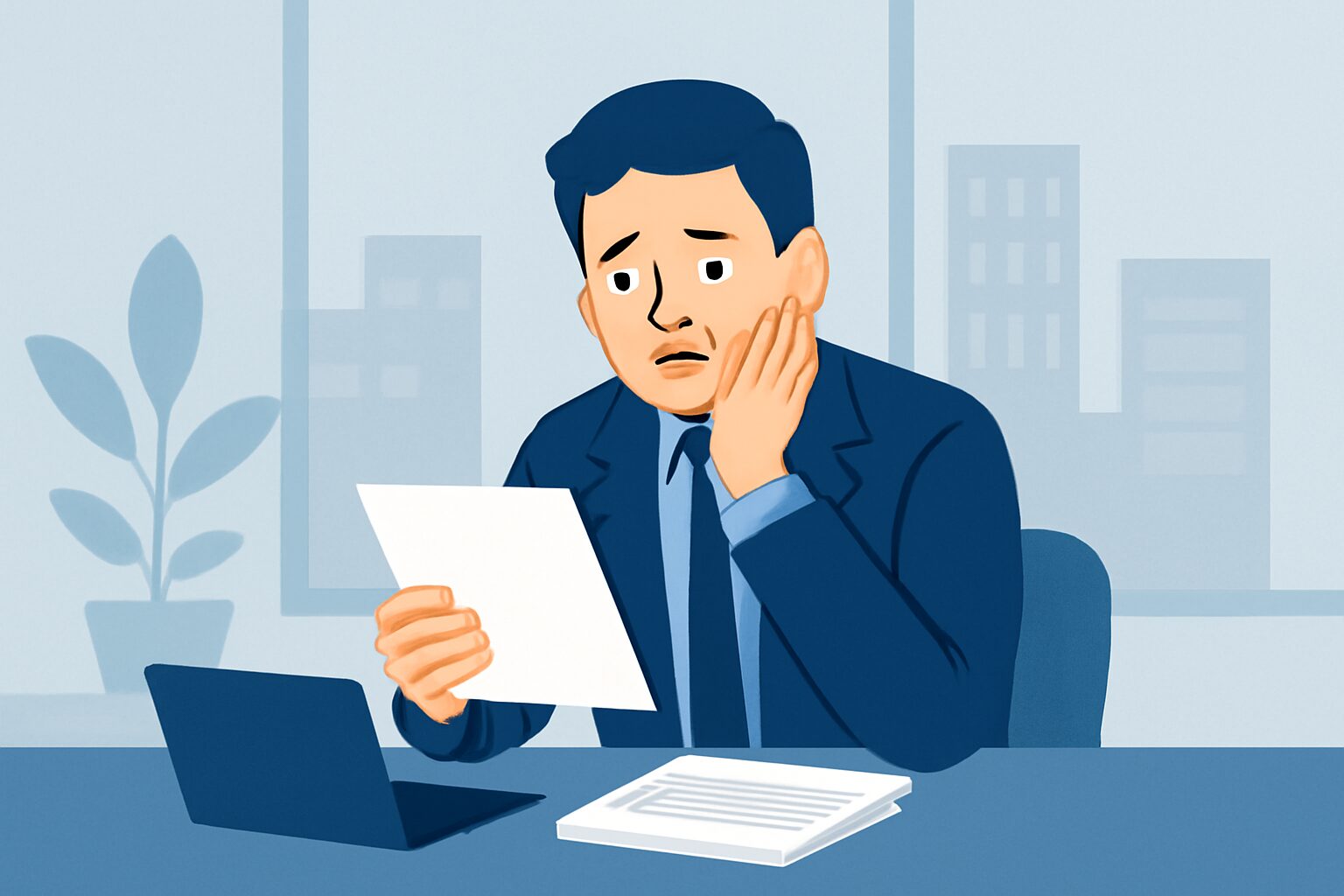 オフィスで書類を前に不安そうな表情のビジネスパーソンのフラットイラスト、青とグレー系カラー、テキストなし