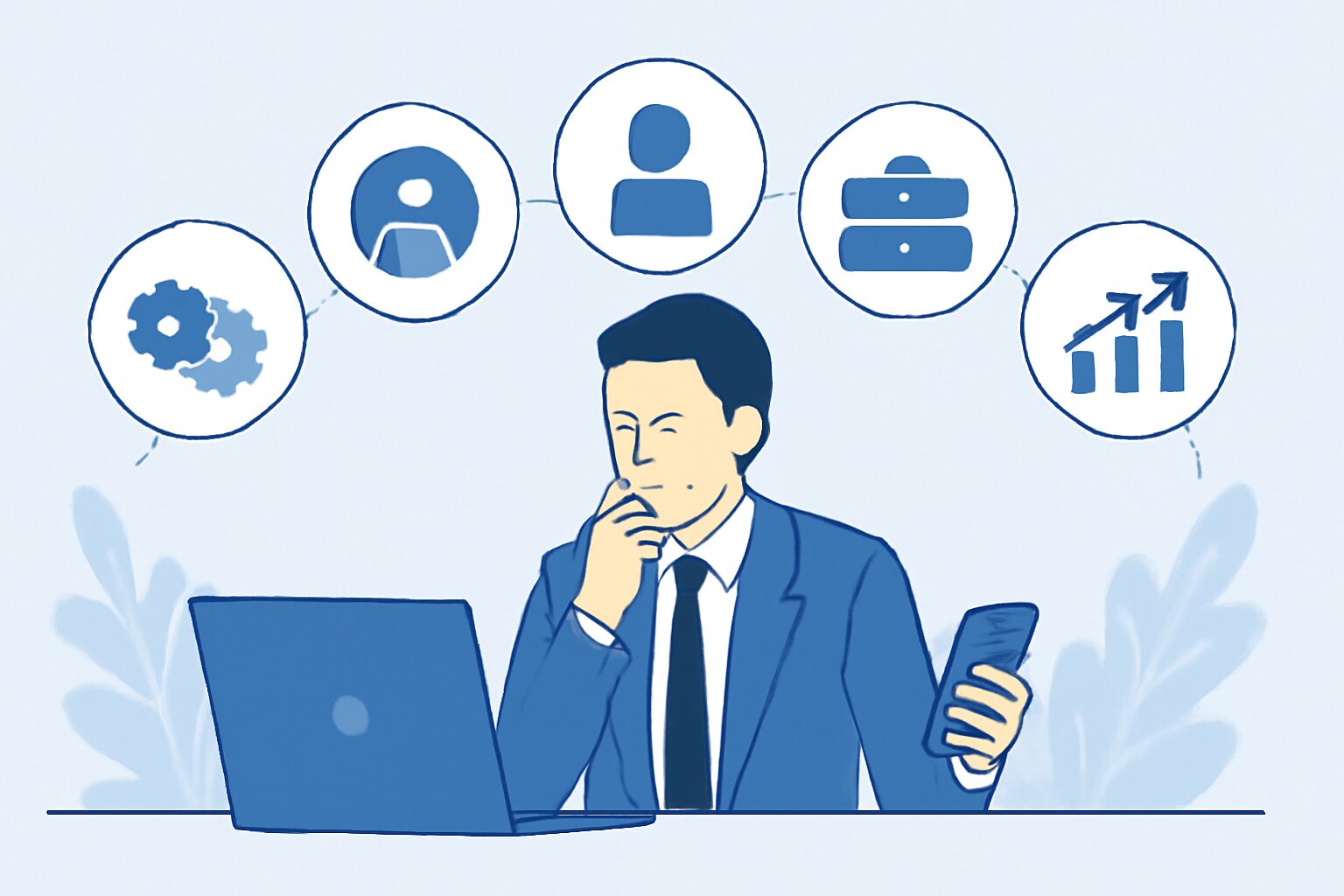 ノートパソコンとスマートフォンを前に複数のビジネスサービスを比較検討しているビジネスパーソンのフラットイラスト、青と白を