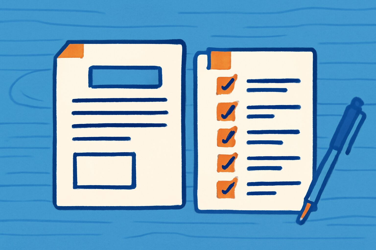 デスクの上に届出書類とチェックリストが並んでいるフラットイラスト、青とオレンジの配色、テキストなし