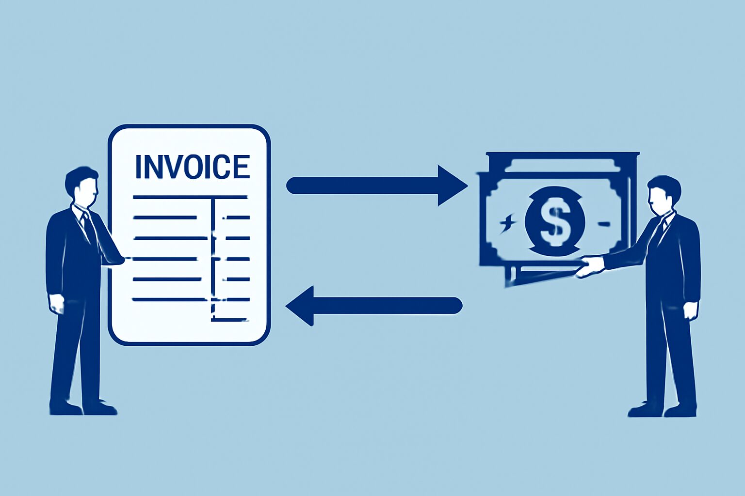 企業間の売掛金取引をイメージしたビジネスイラスト、請求書と現金のやり取りを矢印で示すフラットデザイン、青と白基調、テキス
