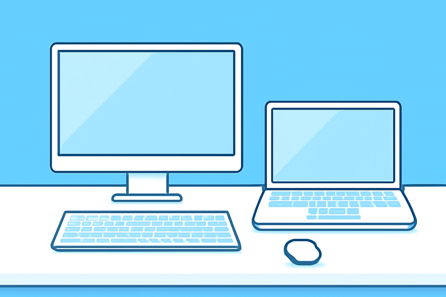 デスクの上にノートパソコン・モニター・キーボード・マウスが整然と並んだワークスペースのフラットイラスト、明るい青と白基調