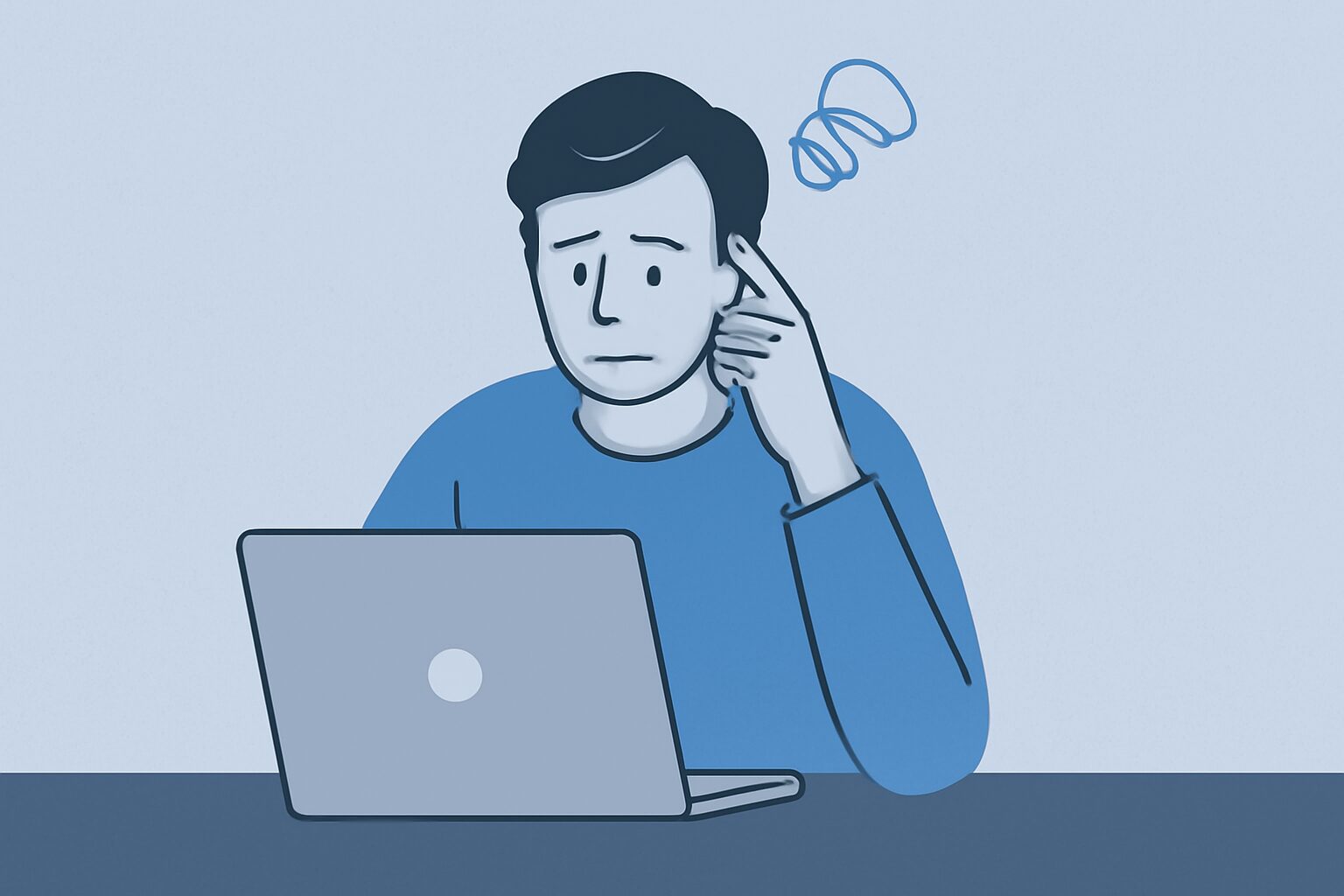 ノートパソコンの前で悩む表情のフリーランスワーカーのフラットイラスト、グレーと青系カラー、テキストなし