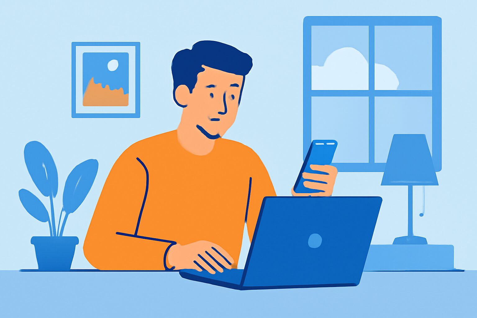 ノートパソコンとスマートフォンを使って在宅で仕事をしている人物のフラットイラスト、青とオレンジの配色、テキストなし