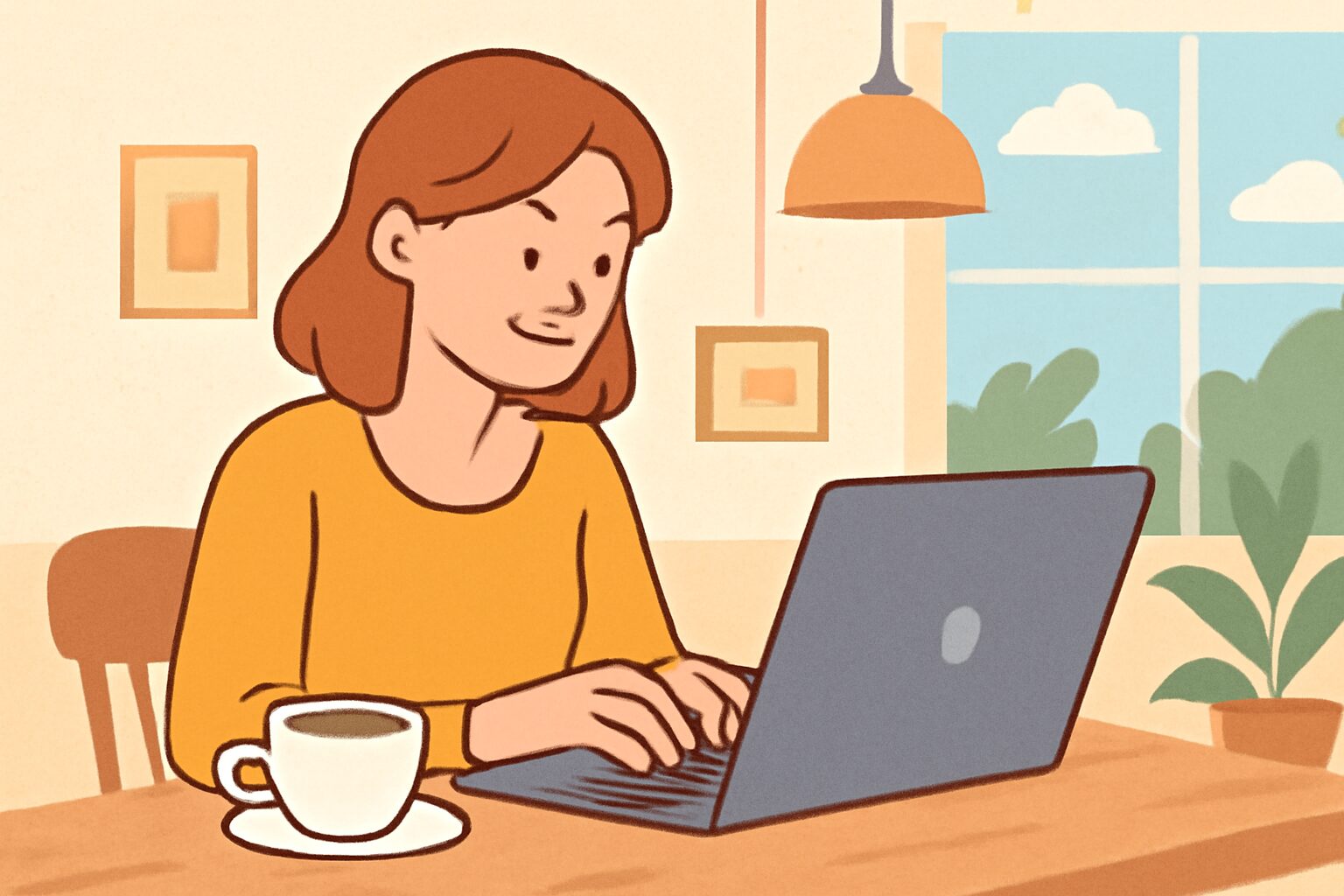 ノートパソコンとコーヒーを前にカフェで作業するフリーランスライターのフラットイラスト、明るい雰囲気、テキストなし