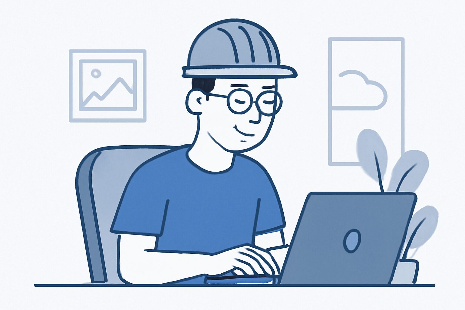 ノートパソコンでリモートワークをするエンジニアのフラットイラスト、青とグレーのカラー、テキストなし