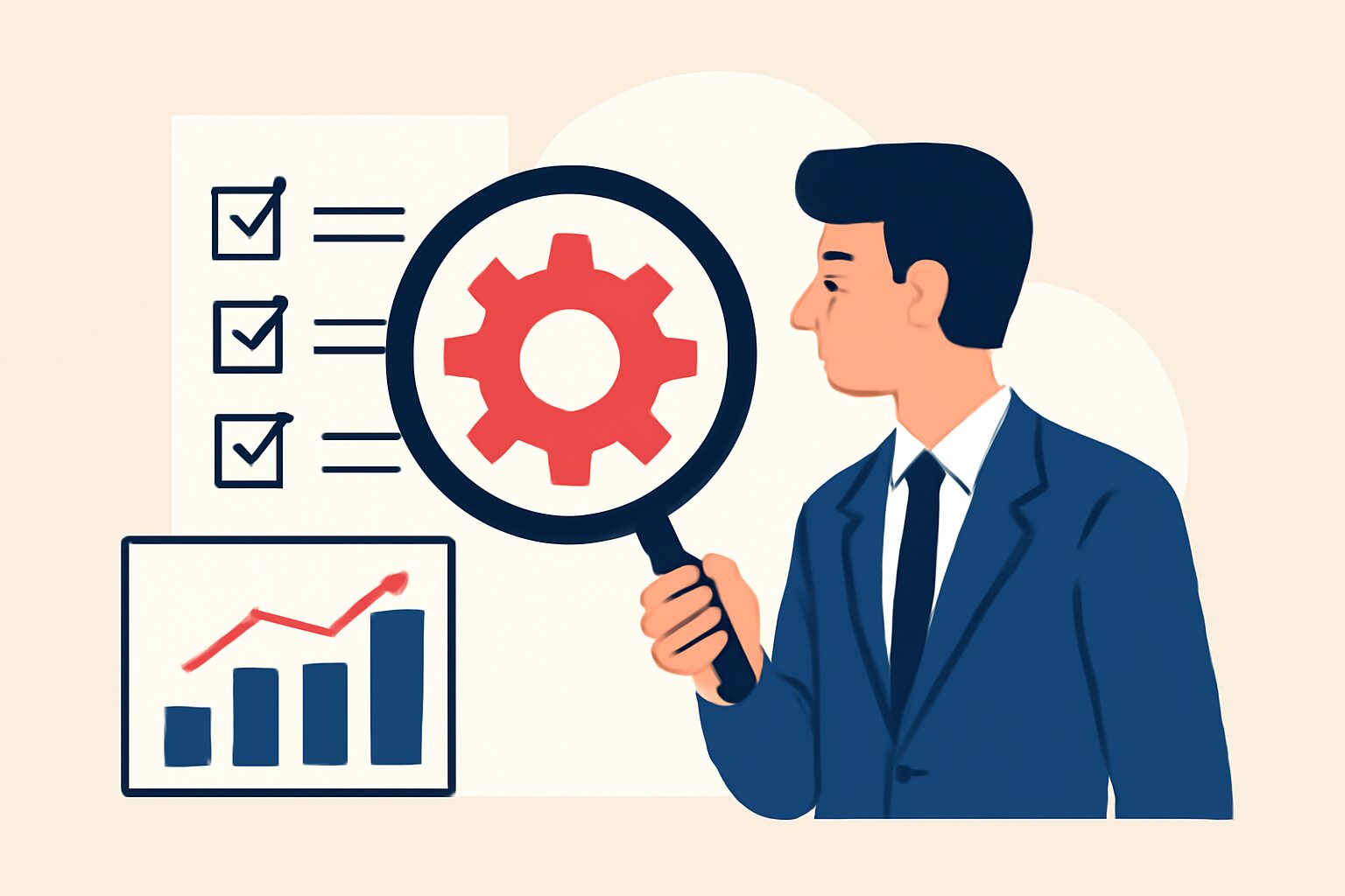 虫眼鏡で原因を分析するビジネスパーソンのフラットイラスト、チェックリストやグラフ付き、テキストなし