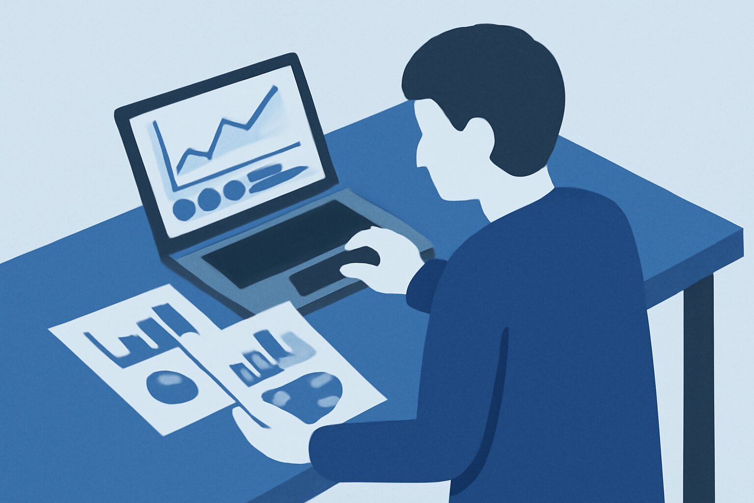 ノートパソコンとグラフ資料が並んだデスクで統計データを分析している人物のフラットイラスト、青とグレーの配色、テキストなし