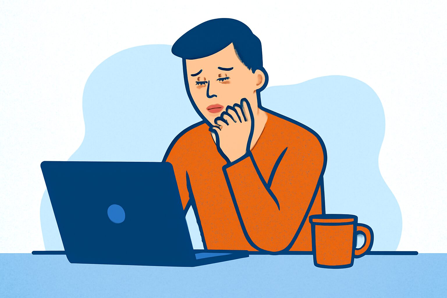 ノートパソコンとコーヒーを前に考え込む人物のフラットイラスト、青とオレンジのカラーパレット、テキストなし