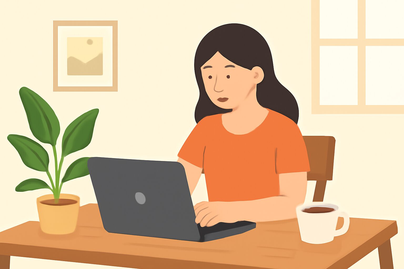 自宅のデスクでノートパソコンに向かいながら仕事をする女性のフラットイラスト、観葉植物やコーヒーカップが脇に置かれた明るい