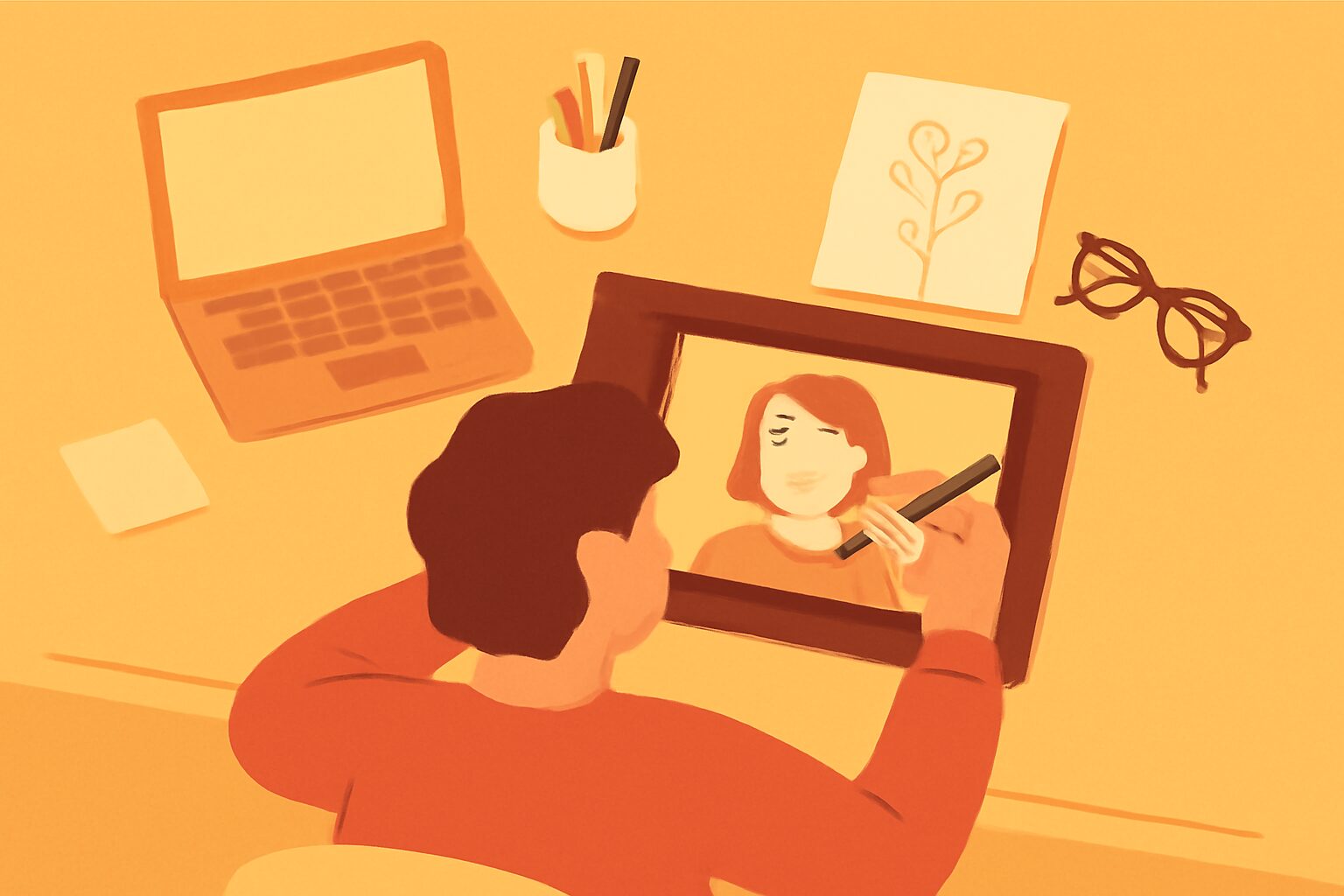 デスクでペンタブレットを使いイラストを制作しているクリエイターの俯瞰フラットイラスト、暖色系カラー、テキストなし