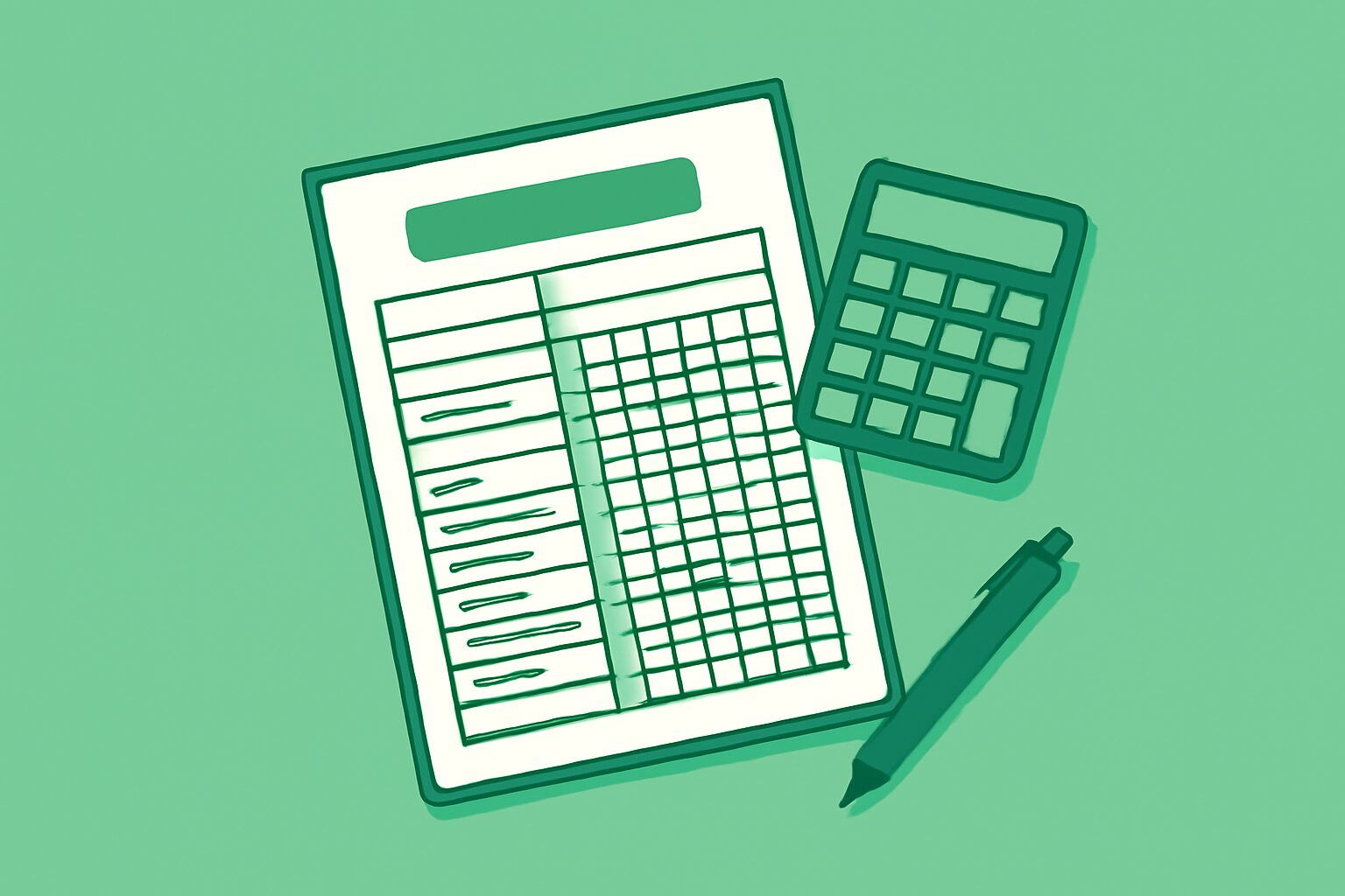 確定申告の書類と電卓とペンが机の上に置かれているフラットイラスト、グリーン系カラー、テキストなし