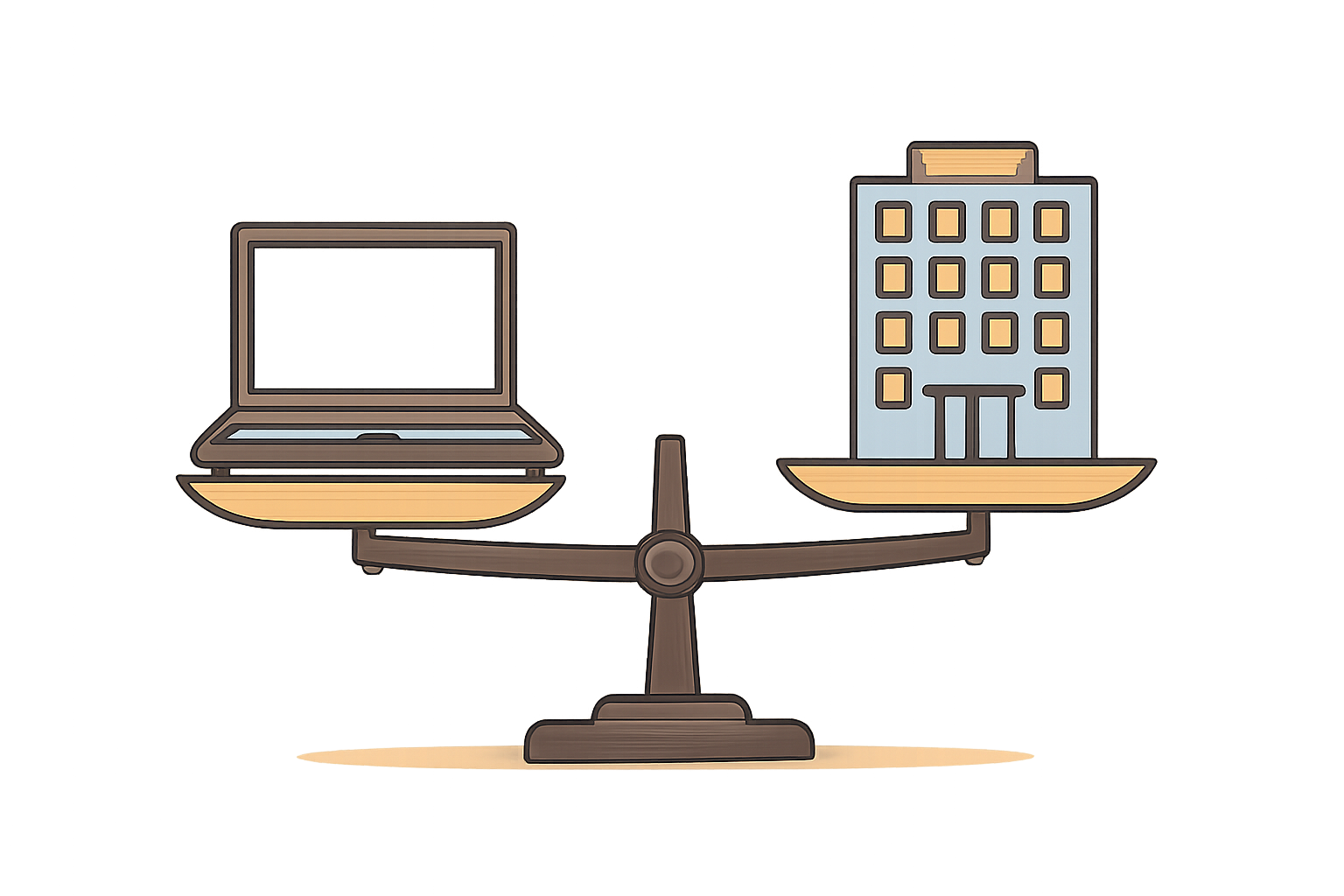 フリーランスと会社員を天秤にかけるコンセプトイラスト、片方にノートPC、片方にオフィスビルのアイコン、テキストなし